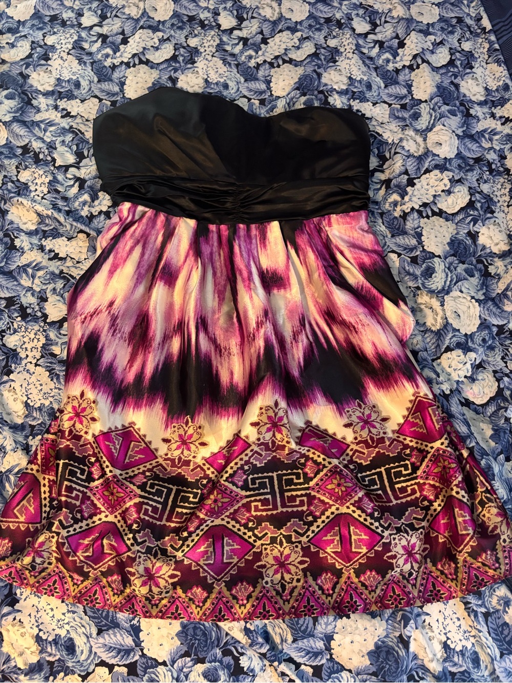 Strapless Pink & Black Printed Dress